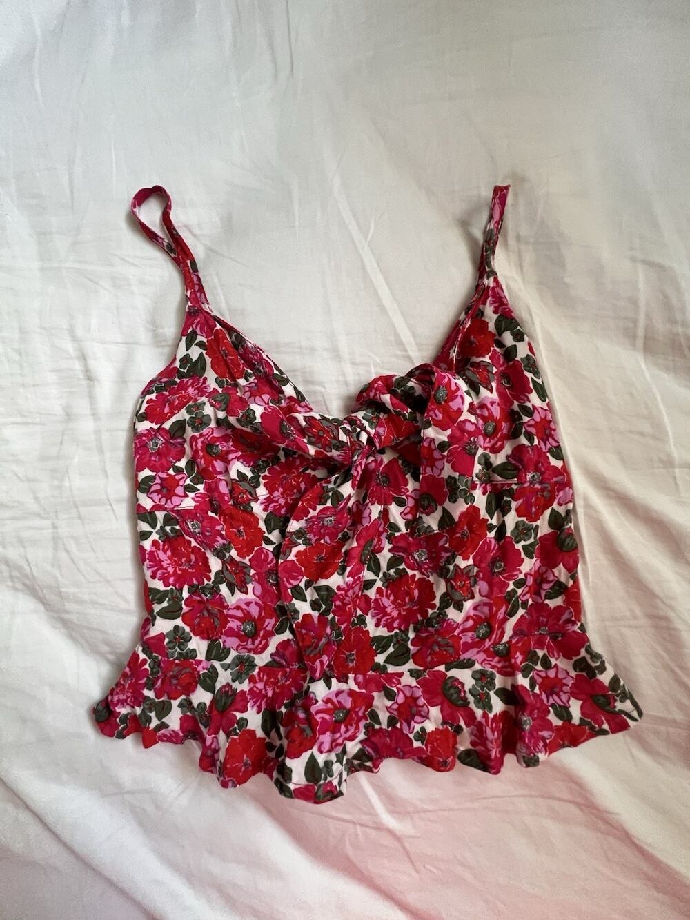 BP. Women’s Pink Red Green Floral Smocked Ruffle Hem V-Neck Tank Top 2XS